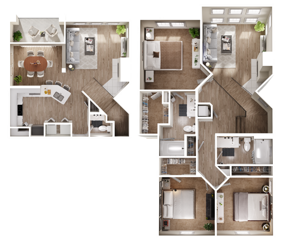 Luxurious 3D floor plan with two bedrooms, open living and dining area, and stylish kitchen.