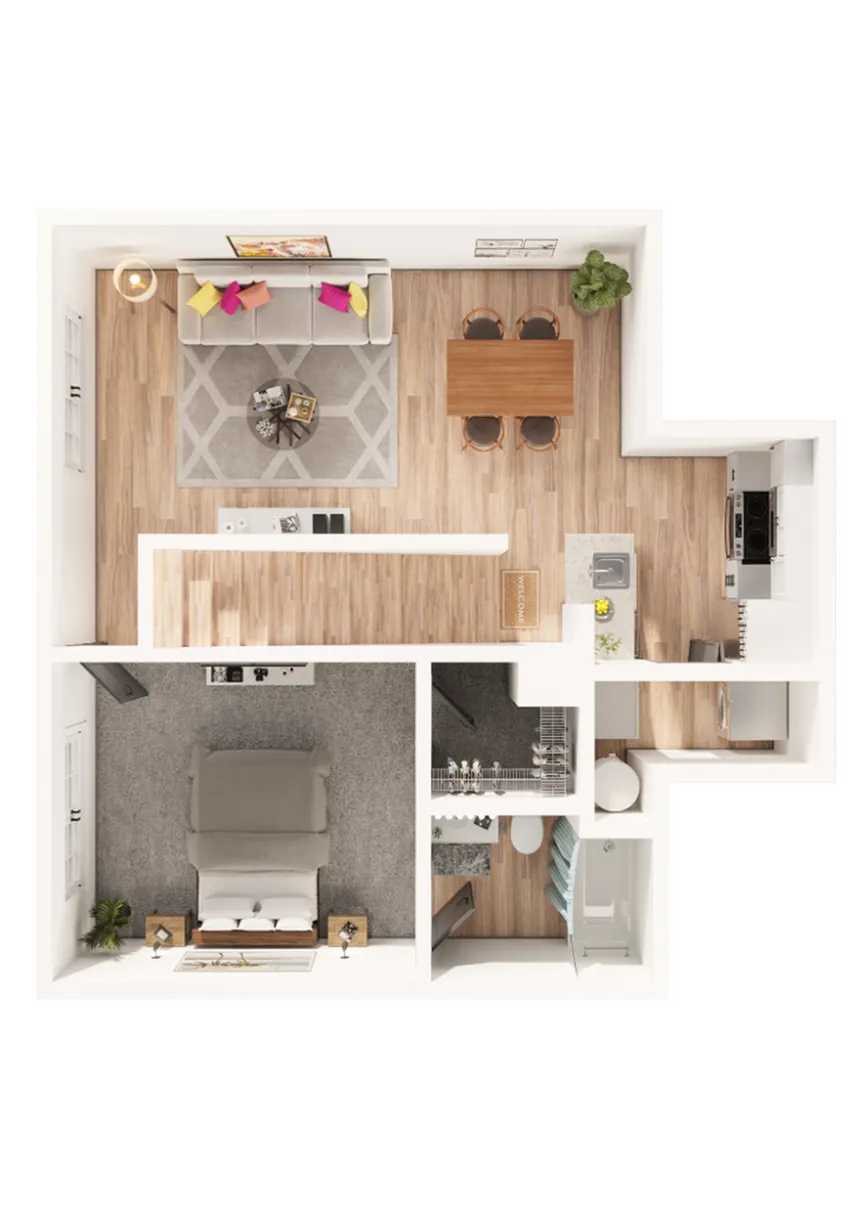 Inviting floor plan featuring an open-concept living room, dining area, sleek kitchen, spacious bedroom, and modern bathroom.