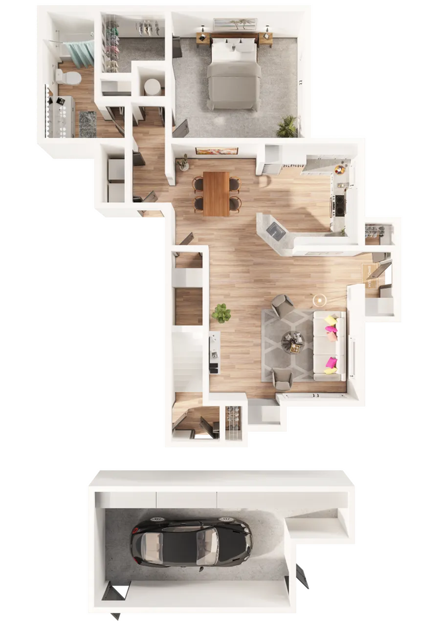 Contemporary 2-bedroom floor plan with open-concept living and attached garage.