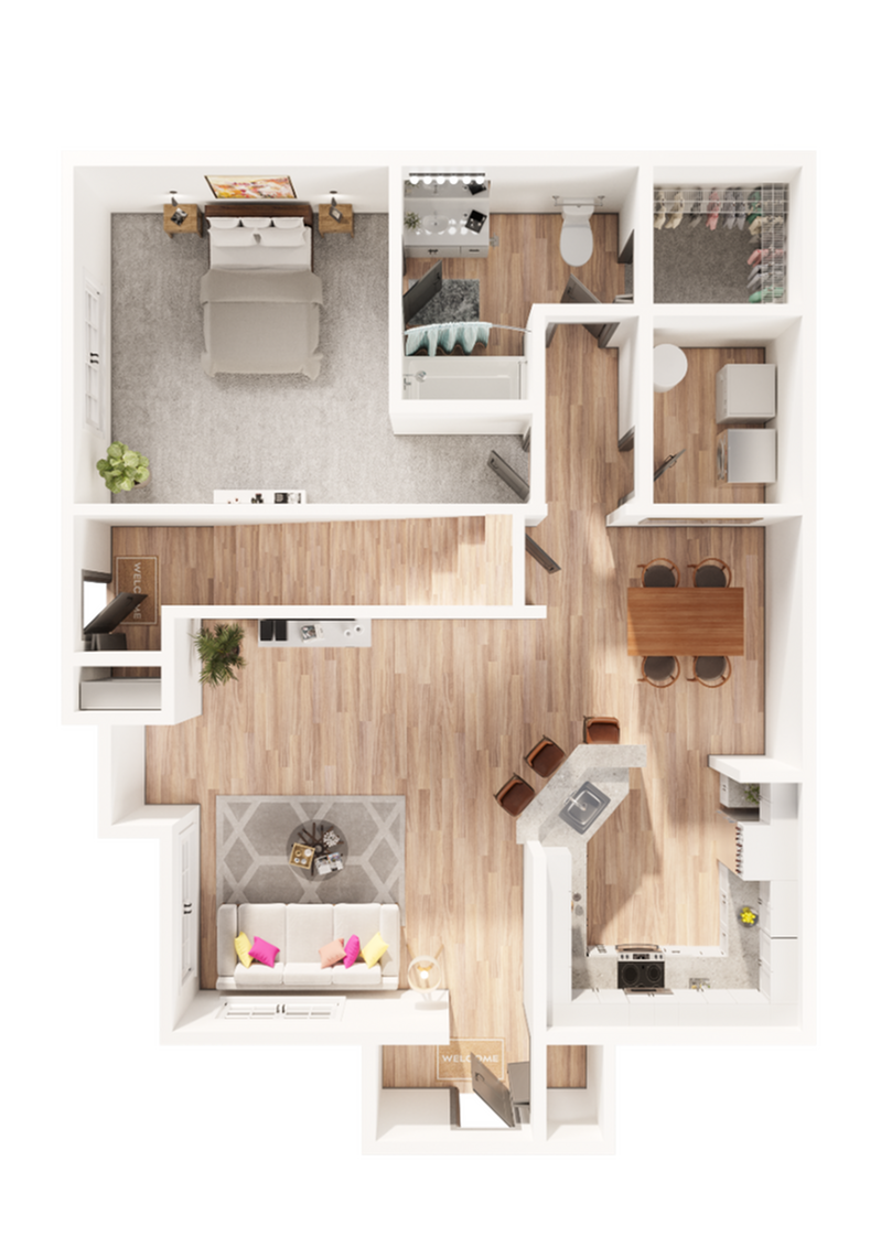 Contemporary floor plan featuring a master bedroom, an open living area, and a modern kitchen.
