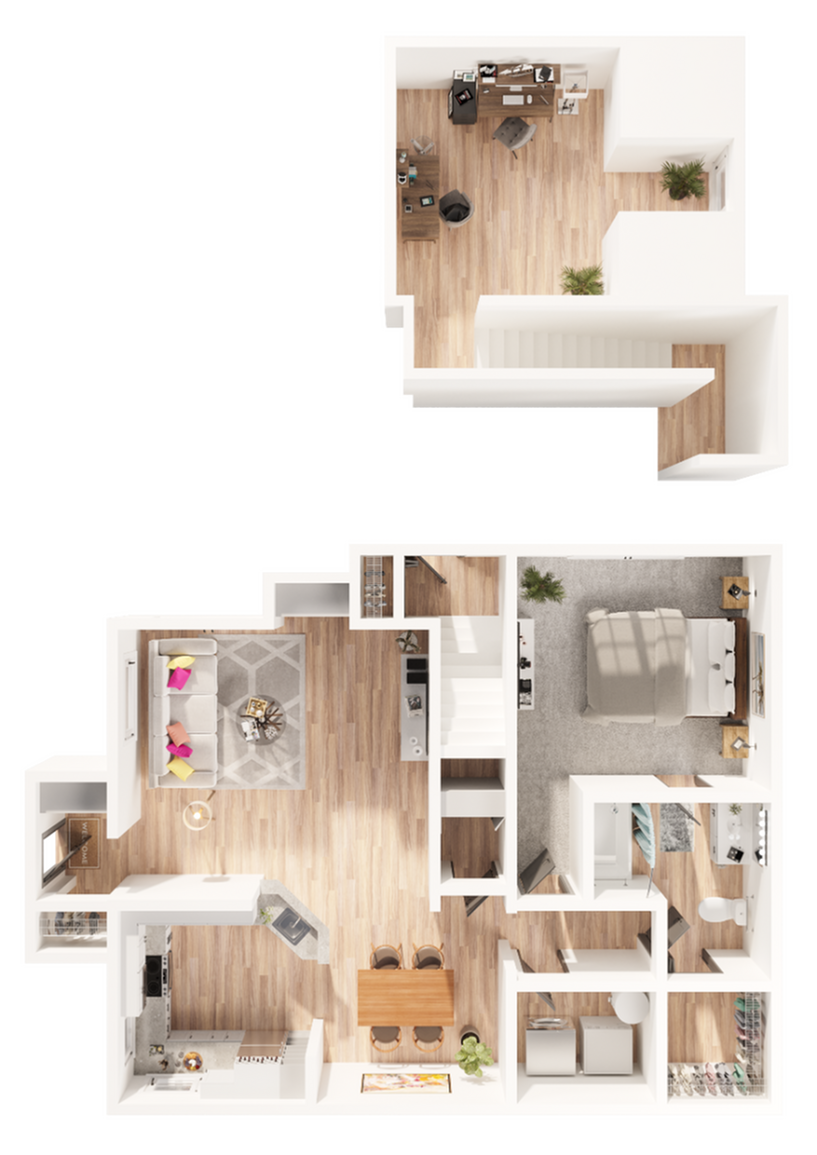 Stylish duplex floor plan featuring a cozy bedroom, open-concept living and dining area, and a modern kitchen.