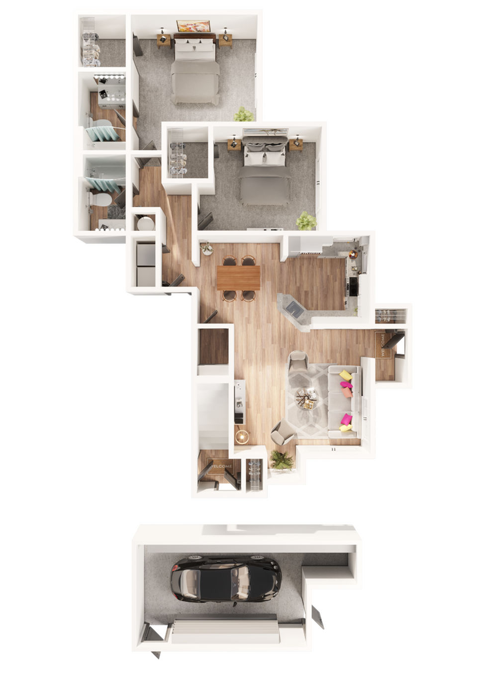 Elegant 3D floor plan featuring 2 bedrooms, an open-plan living and dining area, a modern kitchen, and a garage.
