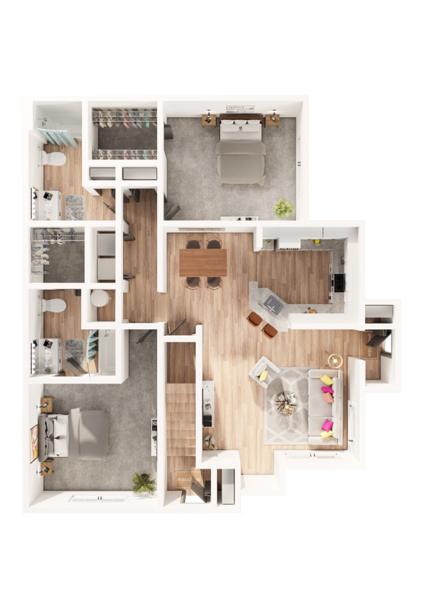 3D floor plan showcasing 2 bedrooms, a modern kitchen, and an open-concept living and dining area.