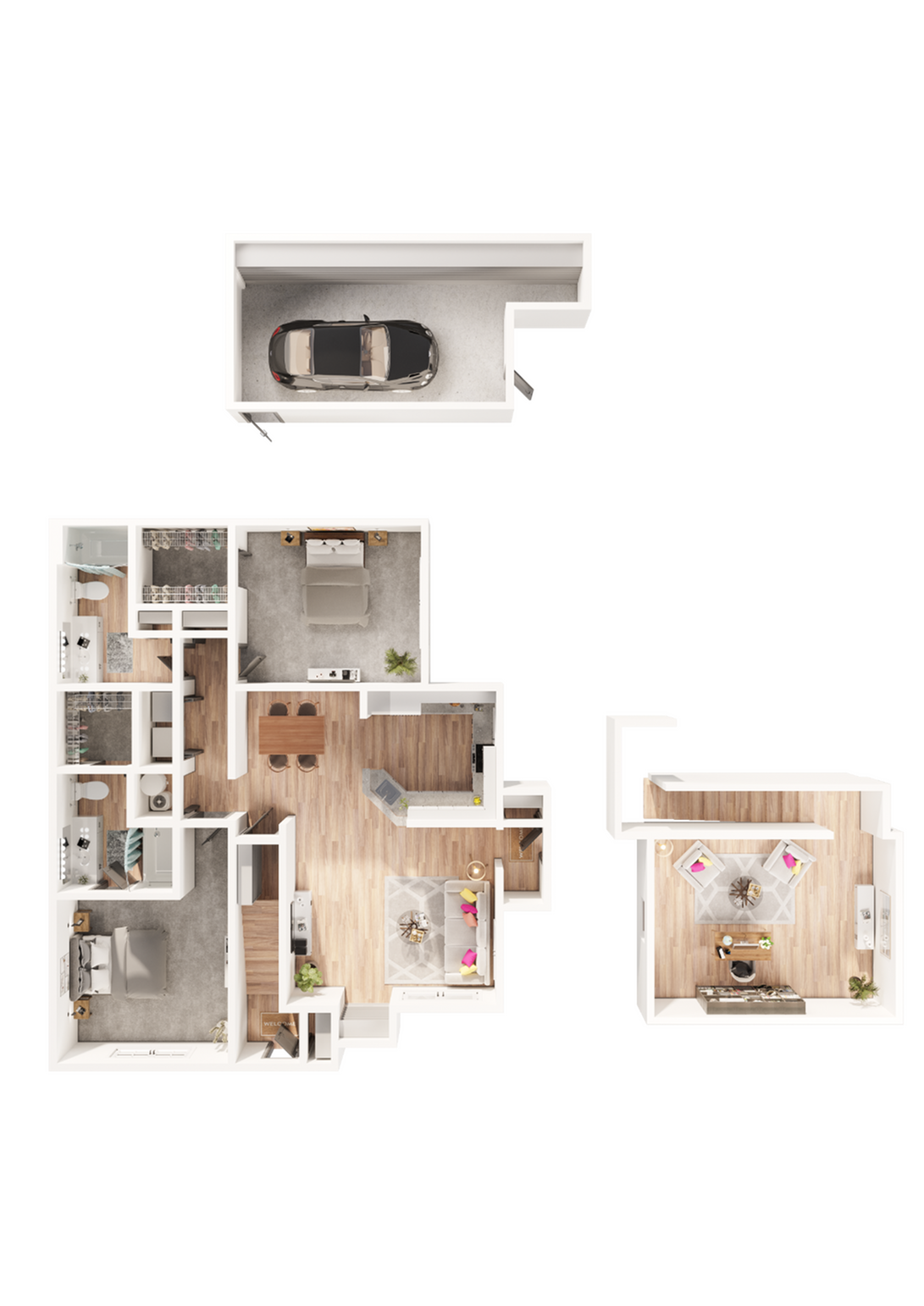 3D floor plan showcasing 2 bedrooms, open-plan living and dining area, modern kitchen with island, and attached garage.