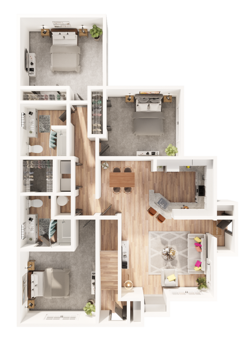 Elegant 3D floor plan featuring three bedrooms, a modern kitchen, and a cozy living area.