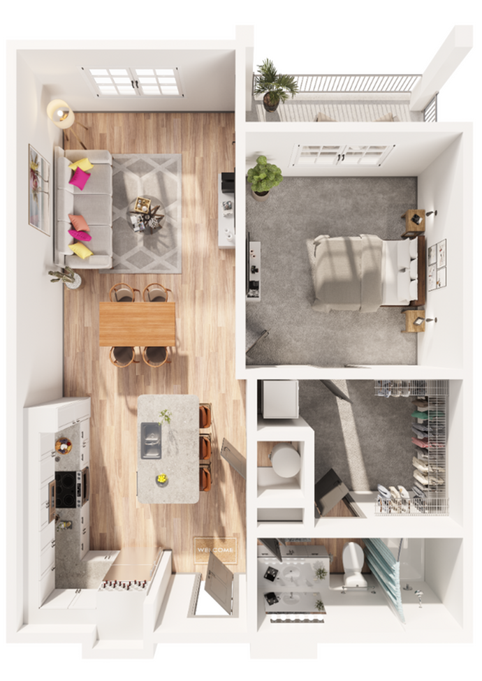 Modern 3D floor plan featuring an airy living room, a cozy bedroom, a full bathroom, and a stylish kitchen with dining area.