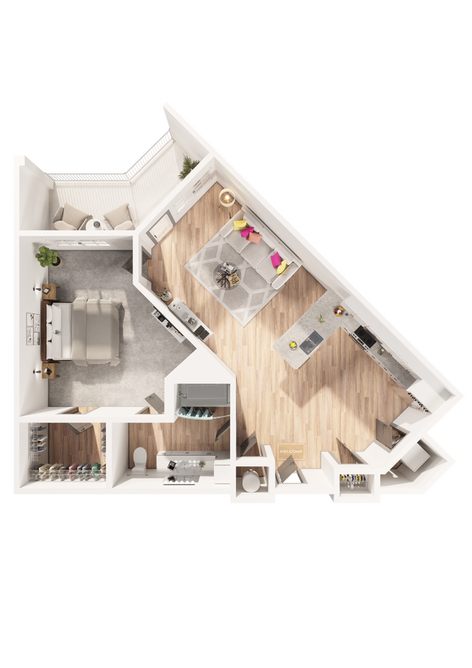 Stylish 3D floor plan featuring one bedroom with a cozy living area and an open kitchen layout.