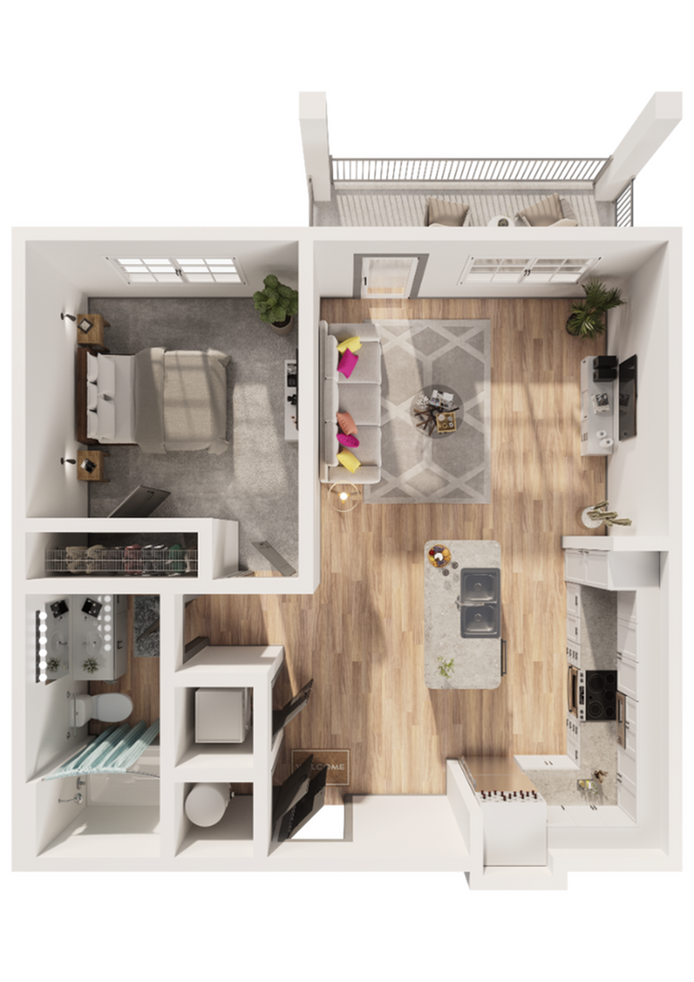 Chic 1-bedroom apartment floor plan featuring an open living space, modern kitchen, and balcony area.