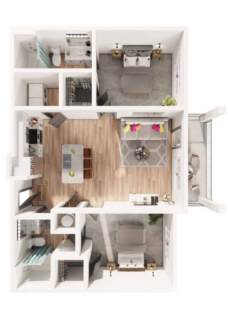 3D floor plan featuring 2 bedrooms, modern kitchen, and open-concept living and dining area.