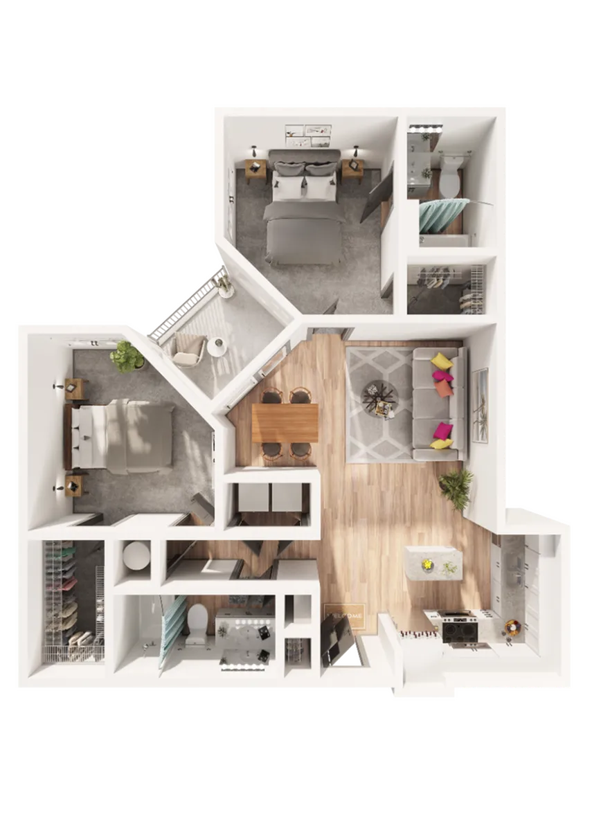 Elegant floor plan showcasing 2 bedrooms, open living area, and modern kitchen design.