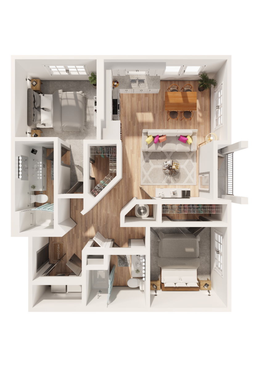 3D floor plan of a cozy apartment featuring two bedrooms, open living and dining area, and a modern kitchen.