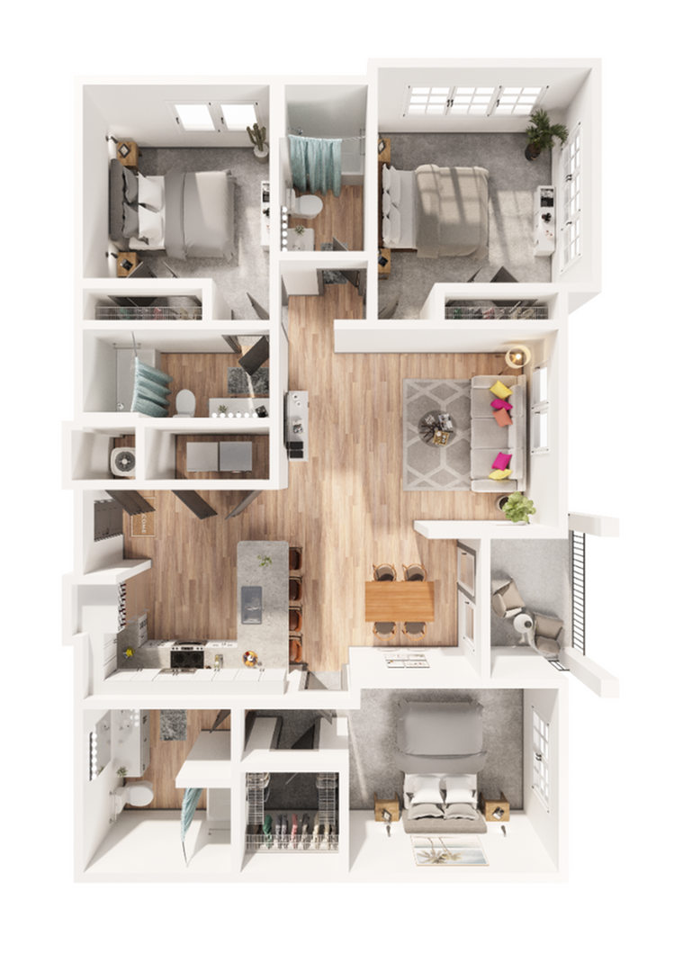 Charming 3D floor plan featuring three bedrooms, open-concept living space, and a stylish kitchen layout.
