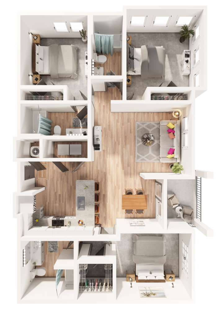 Elegant 3D floor plan displaying 3 bedrooms, open living area, and modern kitchen.