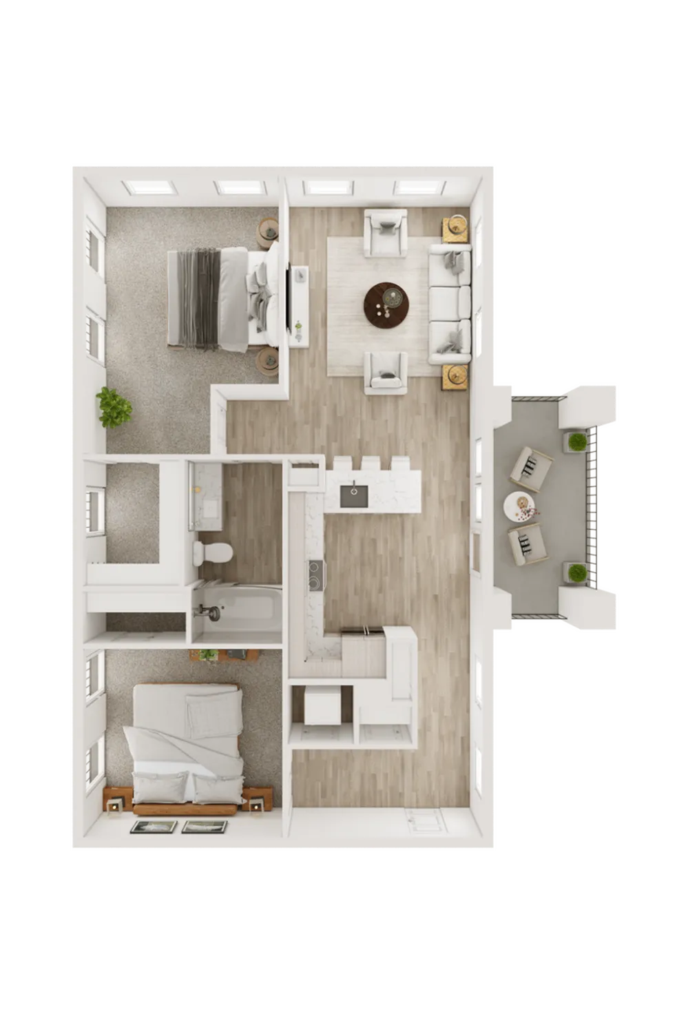 Chic floor plan featuring 2 bedrooms, a modern kitchen, and a cozy living area with a balcony.