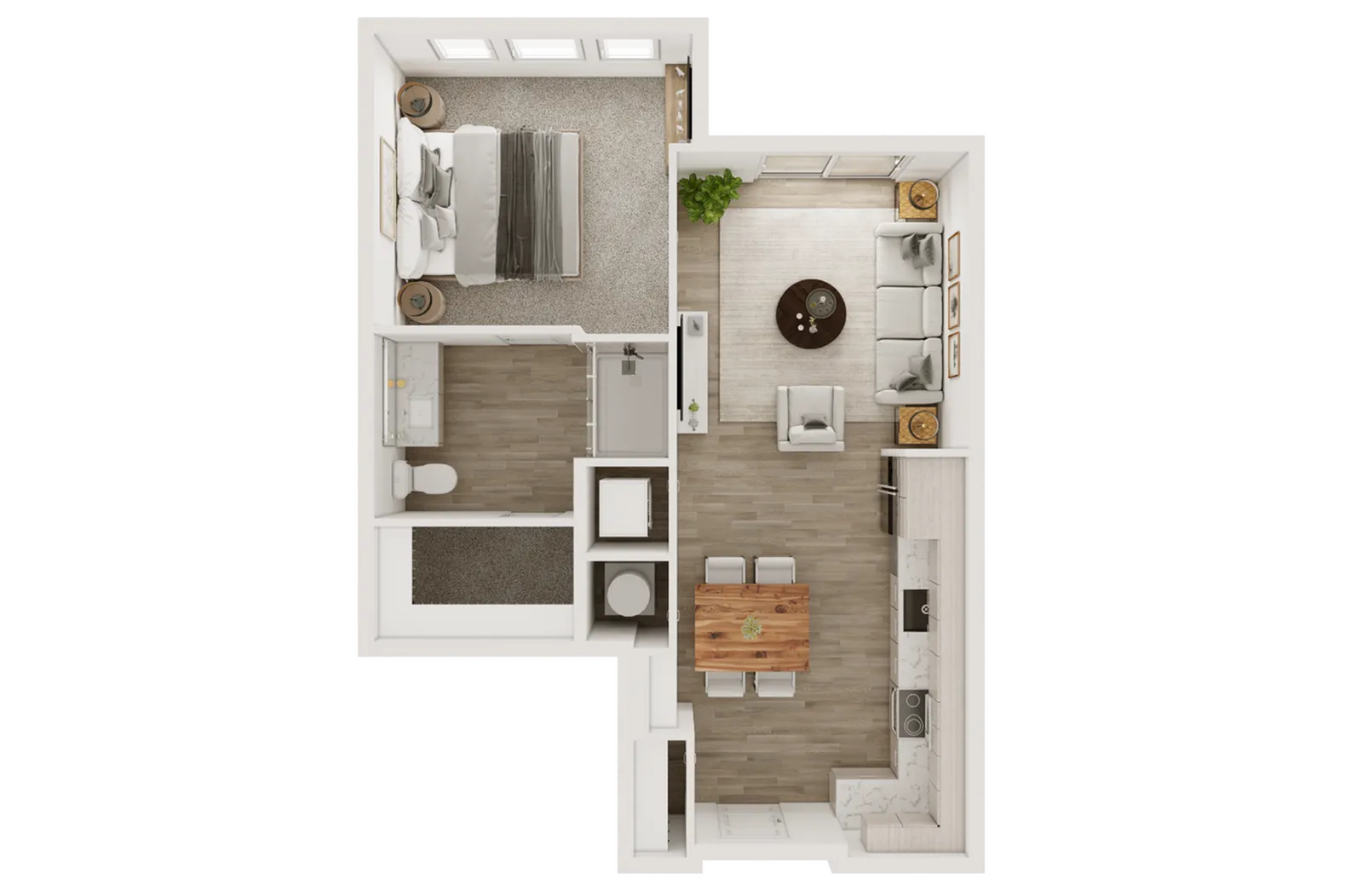 Sleek 2D floor plan with one bedroom, an open living area, modern kitchen, and bathroom.