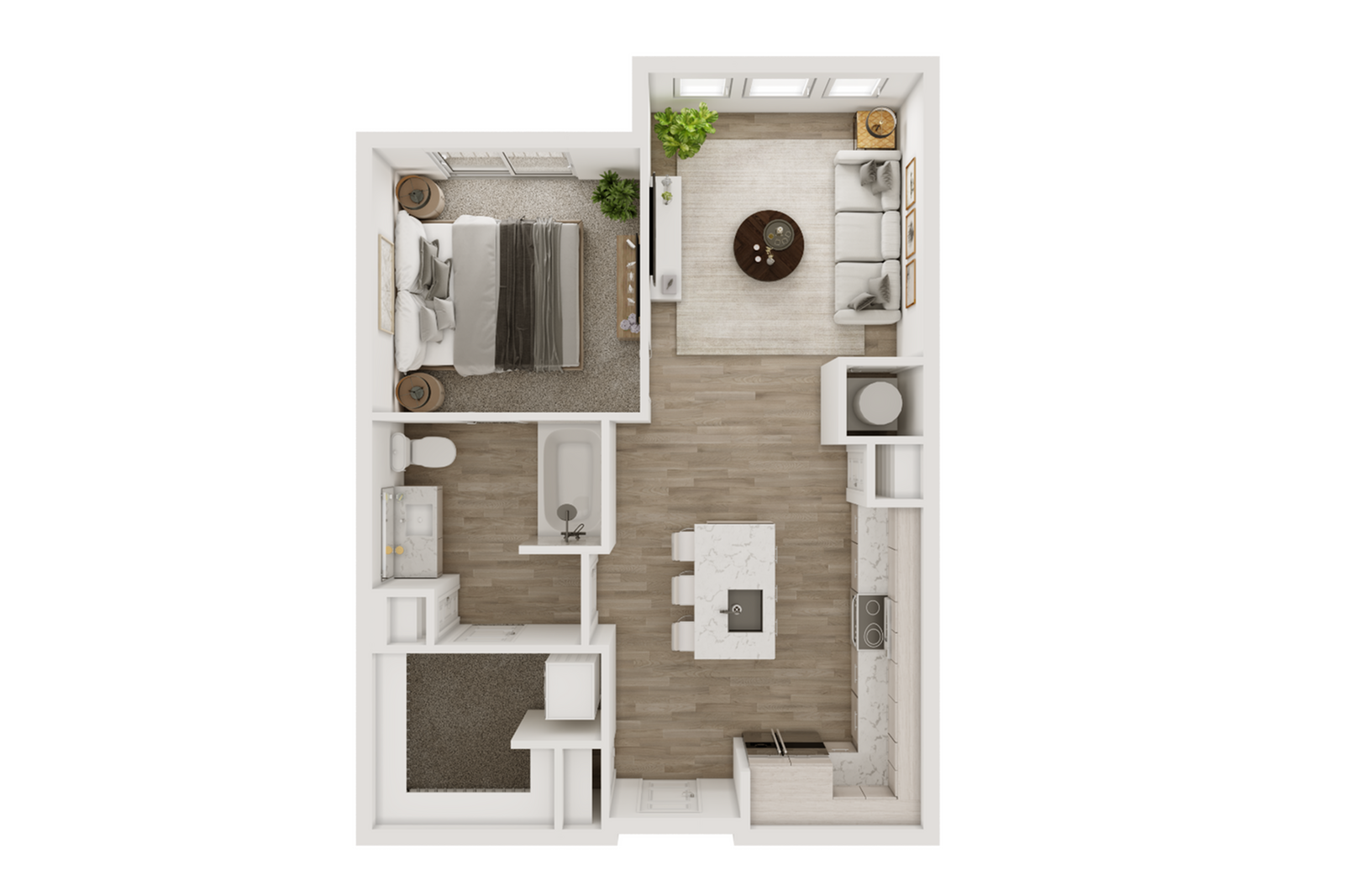 Detailed floor plan of a one-bedroom apartment with a modern kitchen and cozy living room.