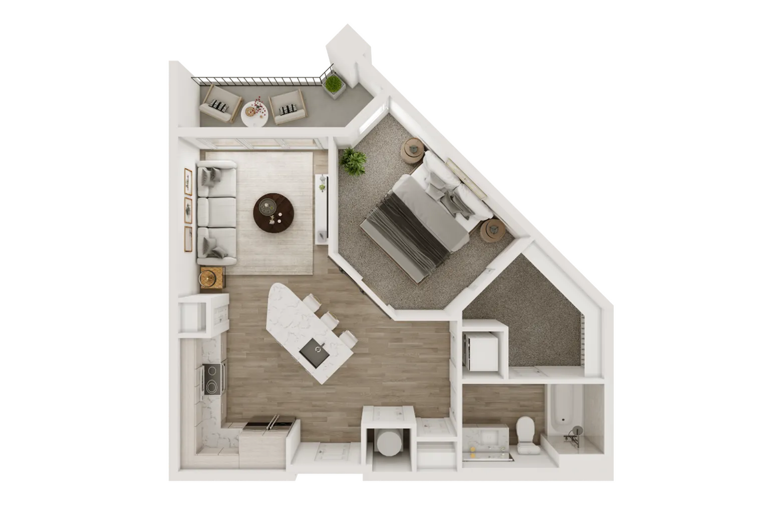 Chic 1-bedroom apartment floor plan featuring a modern living area, sleek kitchen, and private balcony.