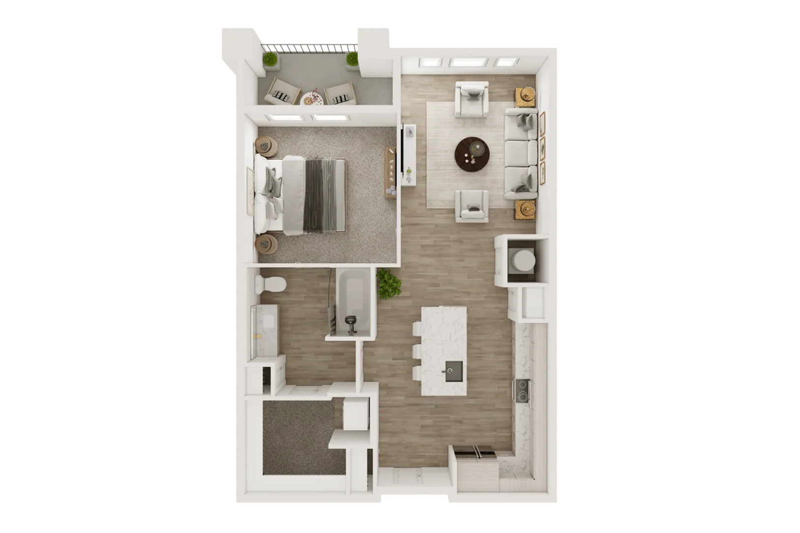 Stylish 2D floor plan showcasing a one-bedroom apartment with an open living area, modern kitchen, and balcony.