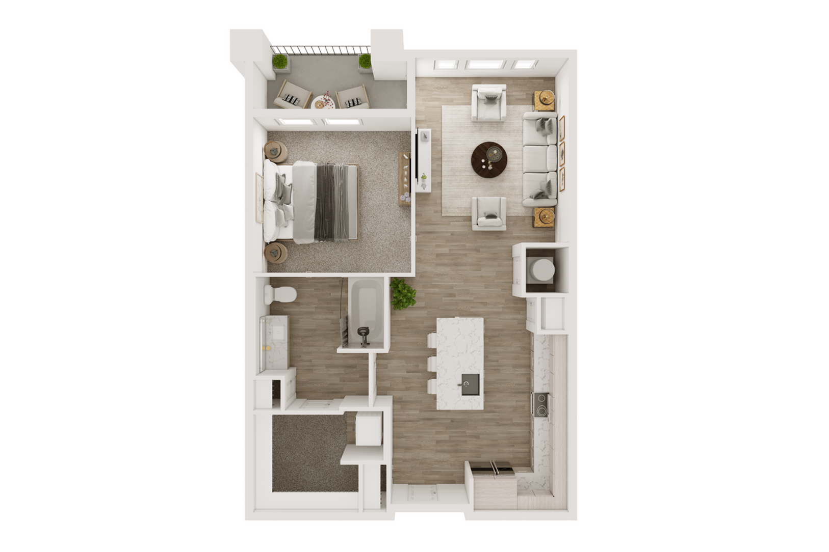 Contemporary floor plan with one bedroom, open living area, modern kitchen, and cozy balcony.