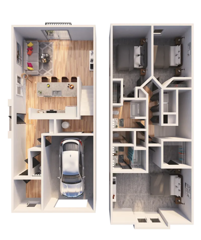 Modern two-story floor plan with three bedrooms, stylish open-plan living area, and a convenient garage.