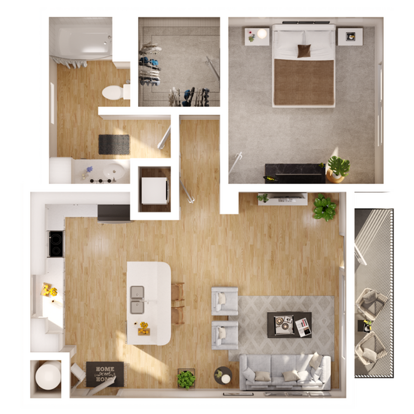 Elegant apartment floor plan showcasing a cozy bedroom, open-concept living and dining area, modern kitchen with island, and spacious balcony.