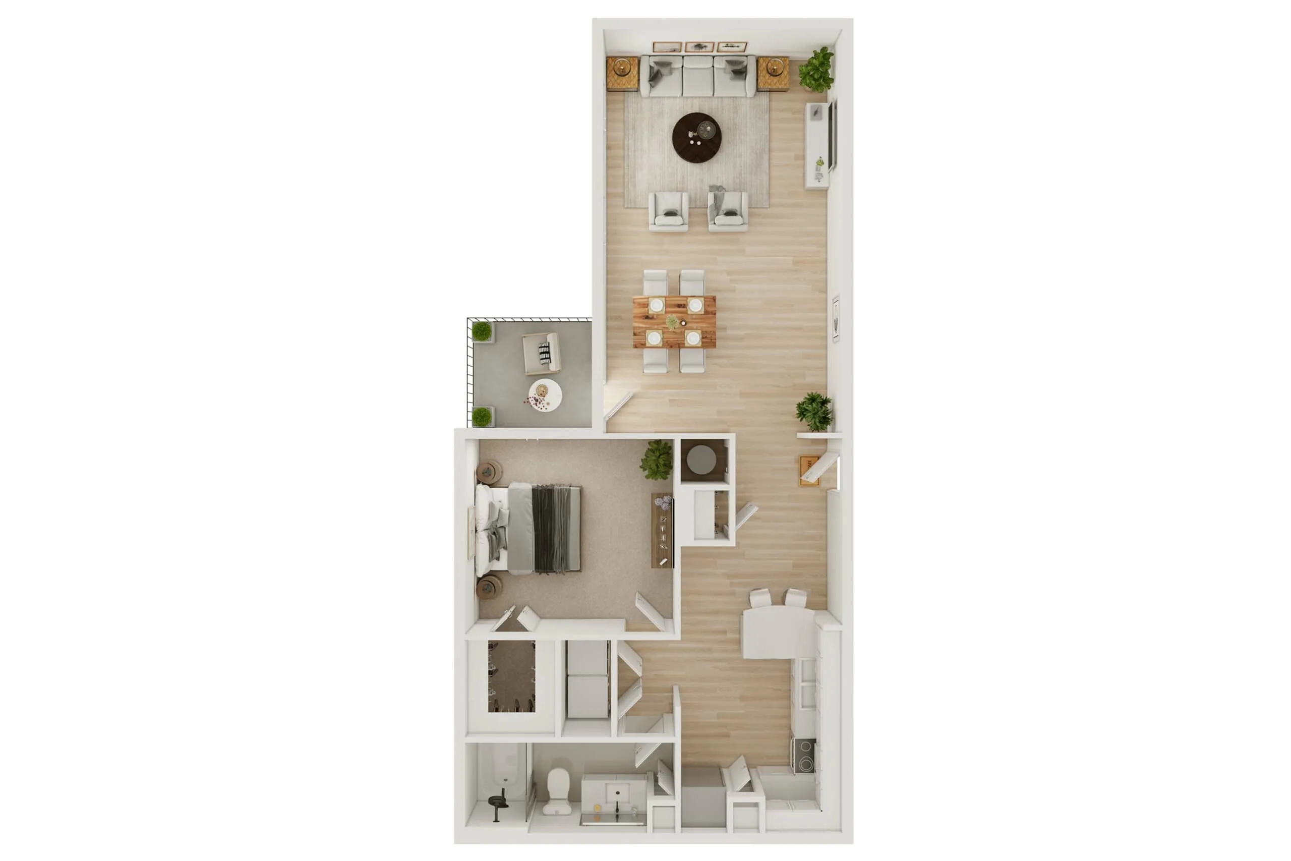 Modern one-bedroom apartment floor plan with open dining and living area, contemporary kitchen, and cozy balcony space.