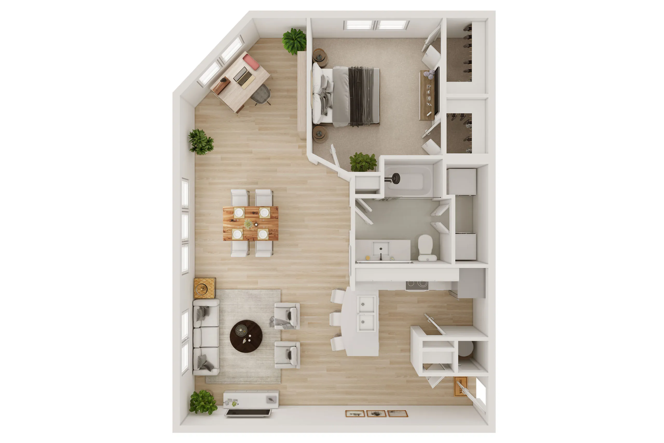 Bright 1-bedroom apartment floor plan featuring open living space, modern kitchen, cozy dining area, and spacious bathroom.