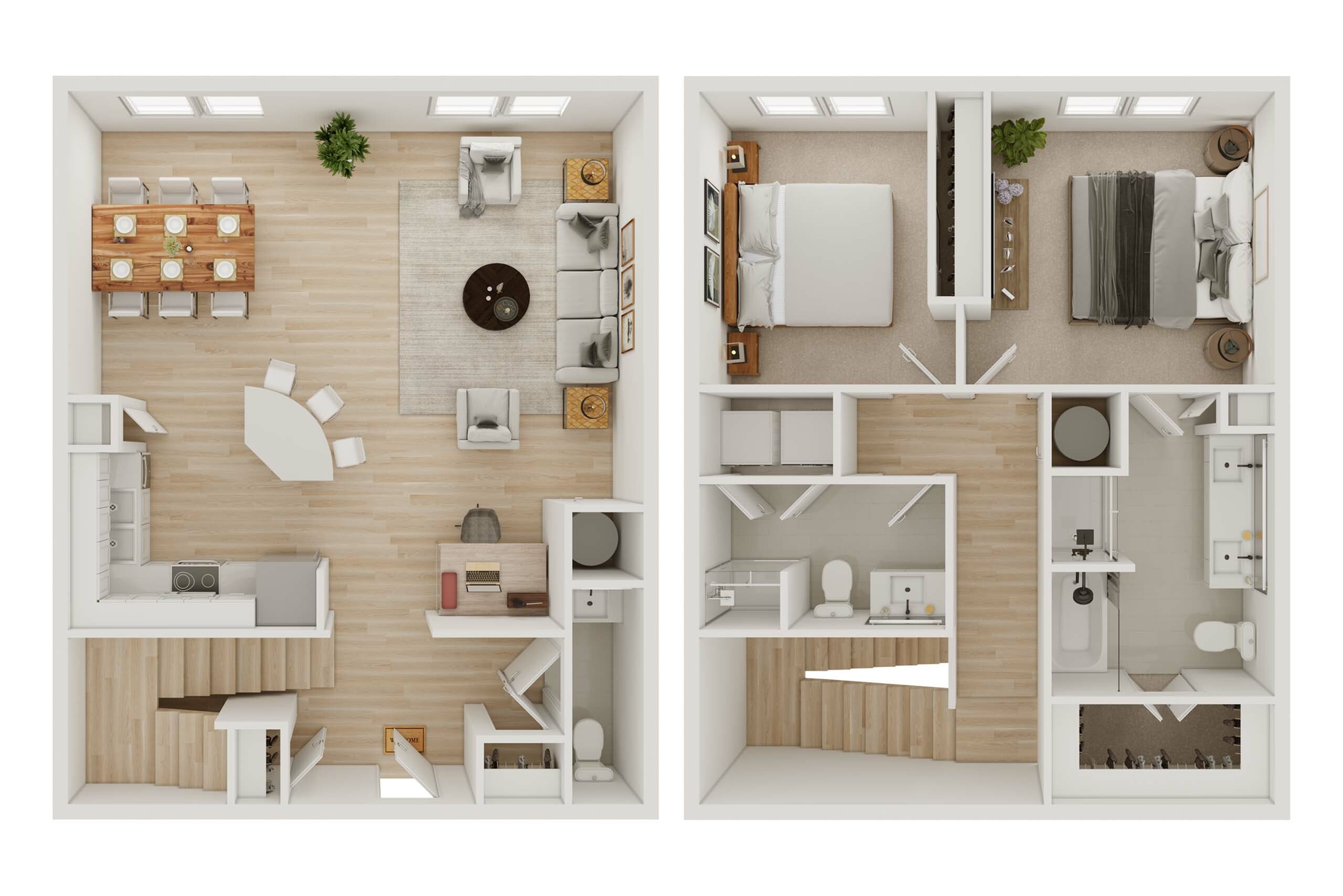 Chic 3D floor plan highlighting two bedrooms, elegant living area, modern kitchen, spacious dining room, and stylish bathrooms.