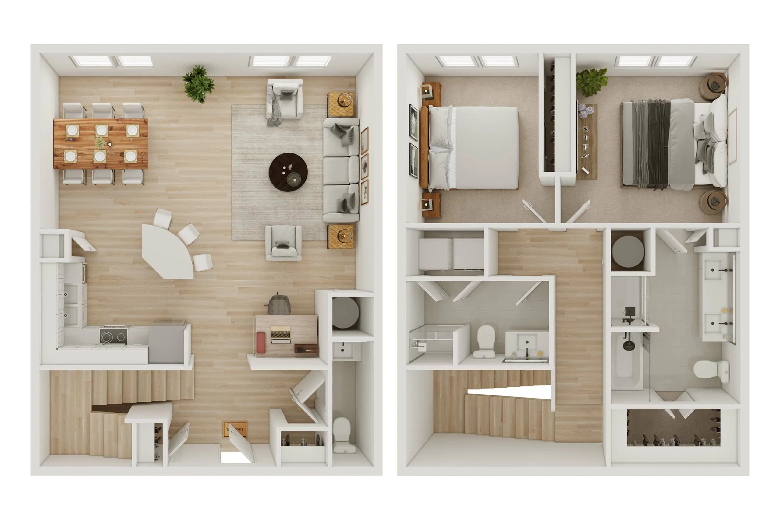 Modern 2D floor plan showcasing 2 bedrooms, a spacious living room, a dining area for eight, and a cozy kitchen, offering contemporary comfort and style.