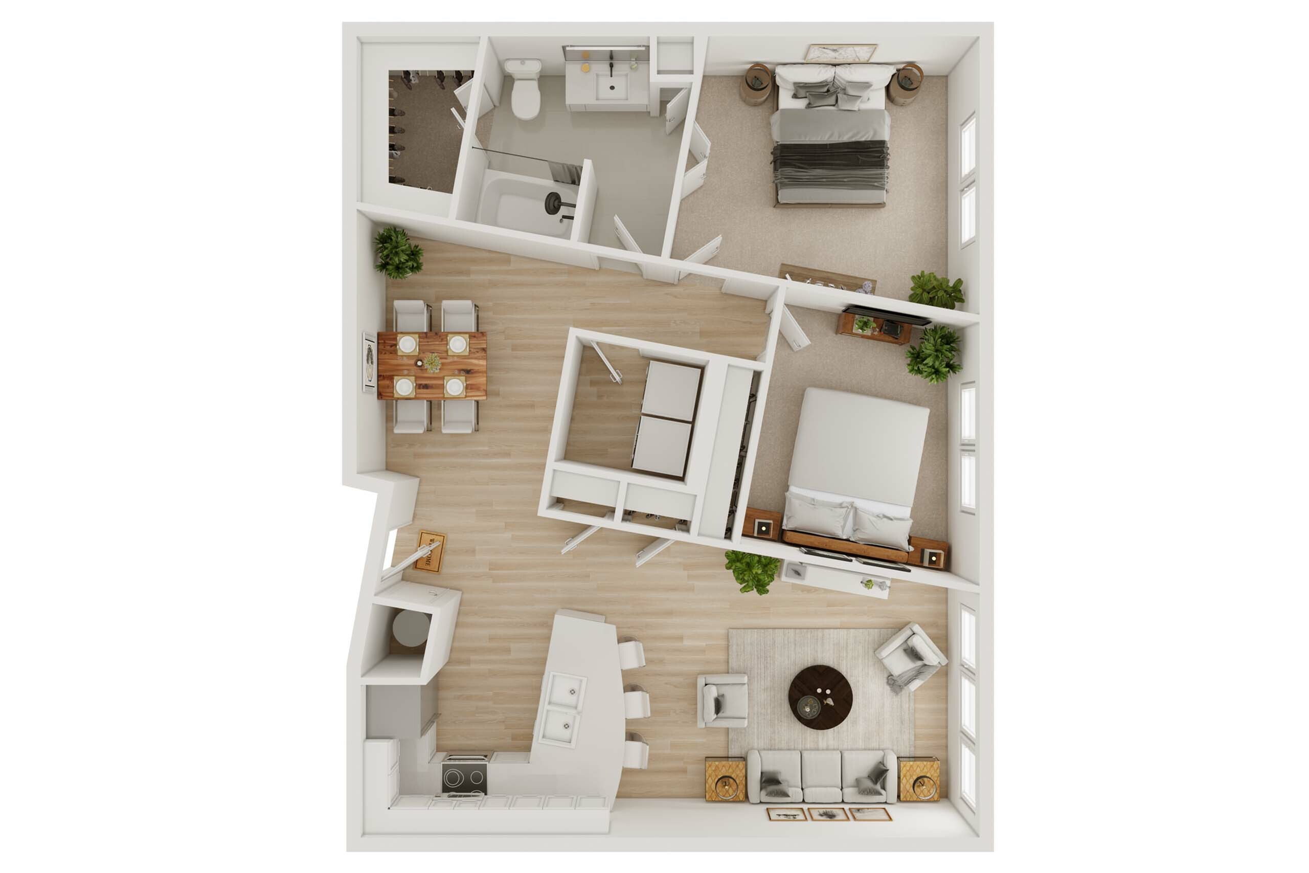 Modern 3D floor plan showcasing 2 bedrooms, elegant open living and dining area, and gourmet kitchen.