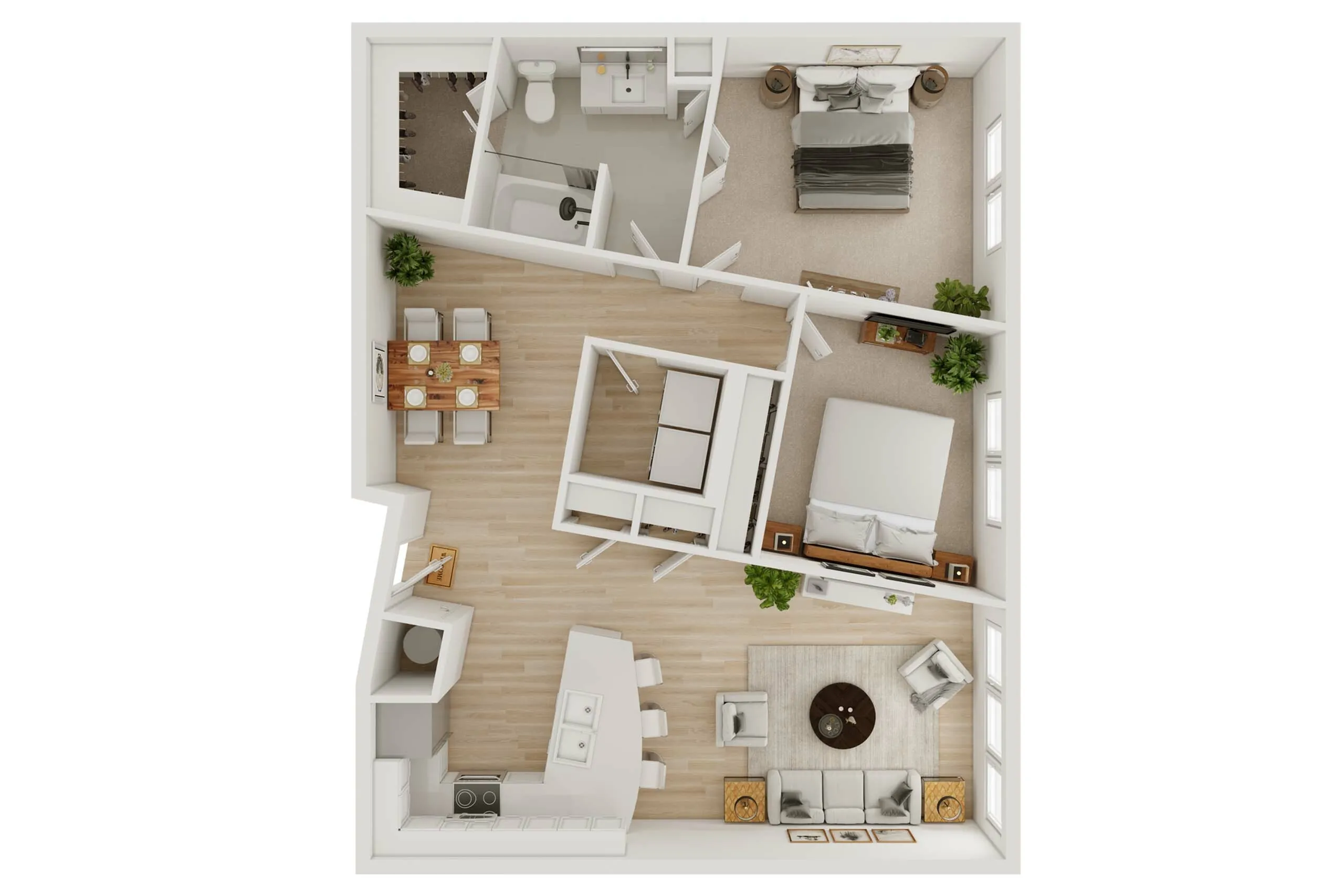 Inviting 3D floor plan showcasing 2 bedrooms, cozy open-plan living area, and a modern kitchen, designed for comfort and functionality.