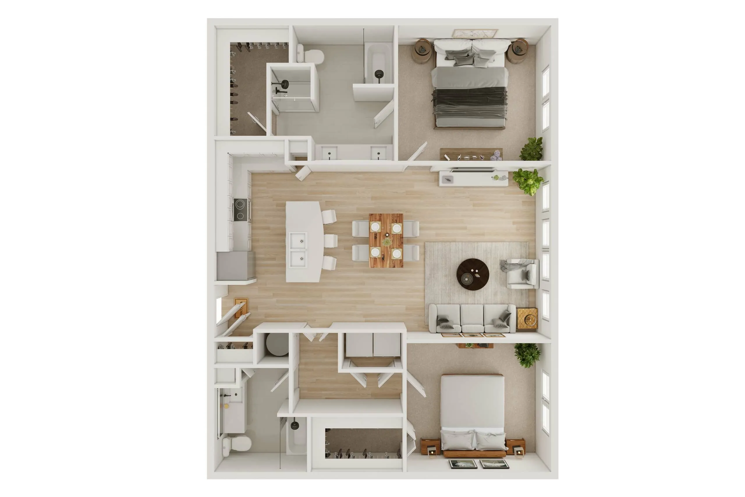 Beautifully designed 2D floor plan featuring 2 spacious bedrooms, a modern kitchen with island seating, open-concept living area, and ample storage space.