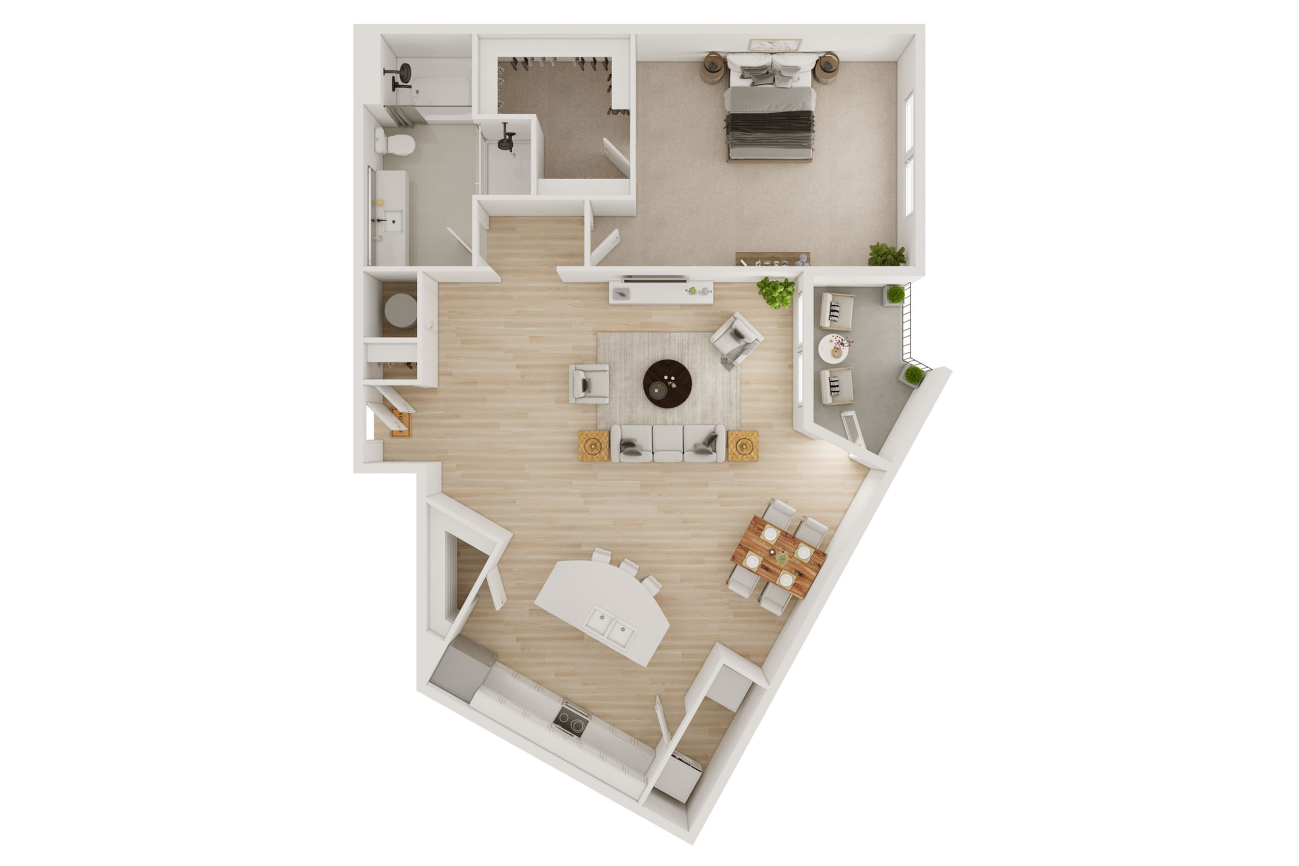 Modern open-concept floor plan showcasing a spacious bedroom, stylish bathroom, cozy living area, and a welcoming dining space with a balcony.