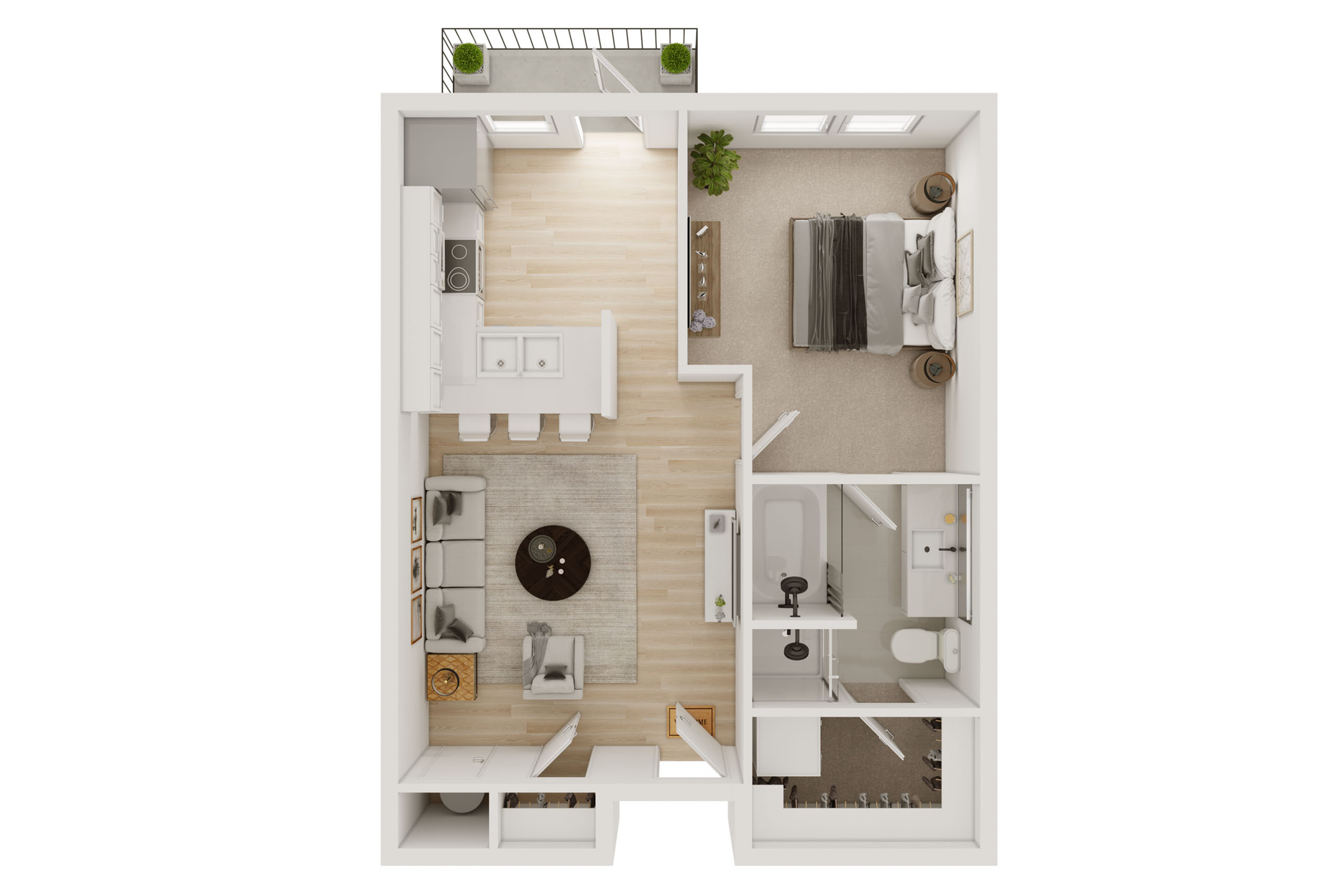 Chic 2D floor plan showcasing 1-bedroom, open kitchen, cozy living area, and modern bathroom with a private balcony.