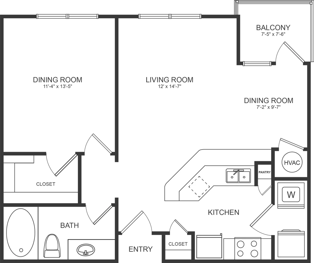 Chic apartment floor plan showcasing a modern kitchen with a pantry, cozy living area, and a functional bathroom layout.