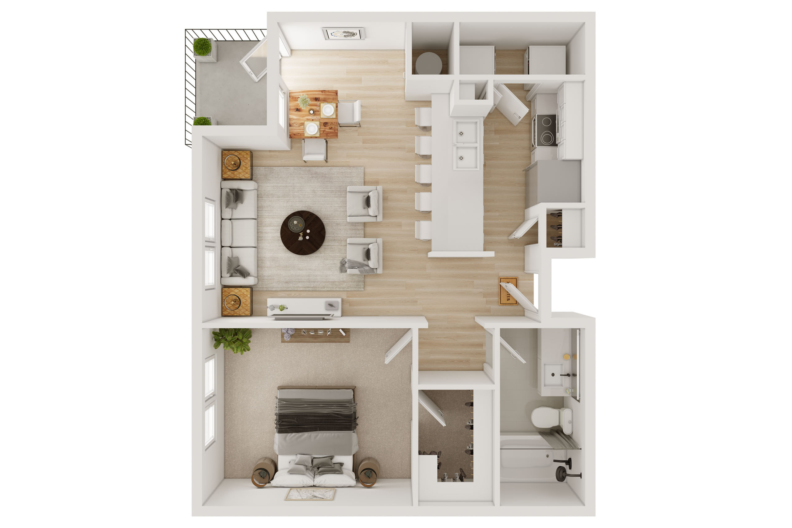 Modern 3D floor plan showcasing an elegant open-concept living area with a spacious kitchen and cozy bedroom, ideal for stylish urban living.