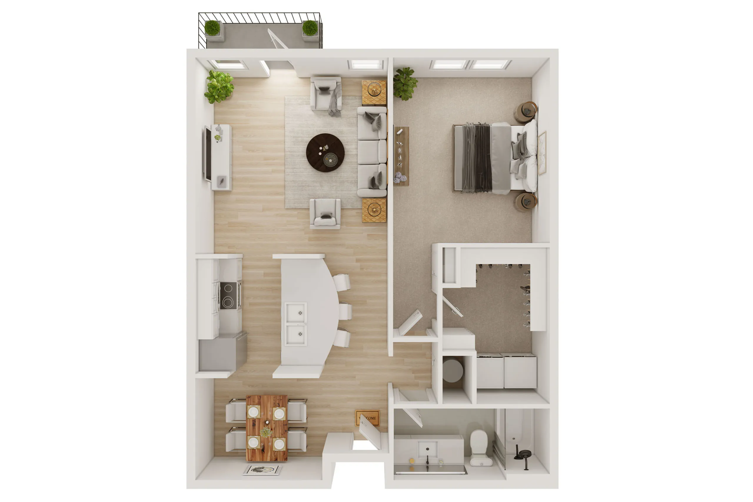 Modern 2D apartment floor plan featuring a cozy bedroom, open-concept living and dining area, sleek kitchen, and private balcony.