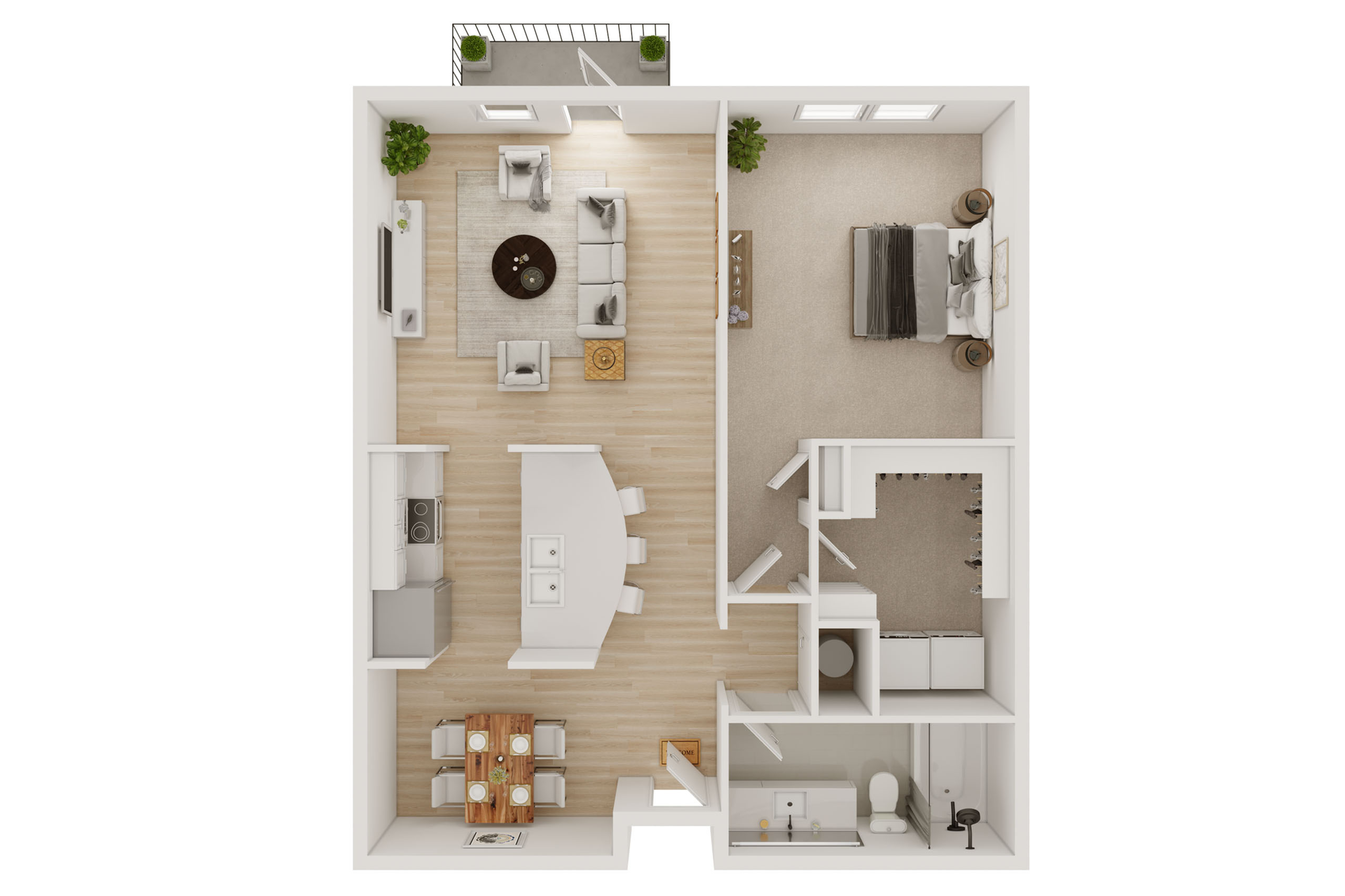 Contemporary floor plan showcasing an airy 1-bedroom layout with open-concept living, elegant kitchen, and cozy balcony access.