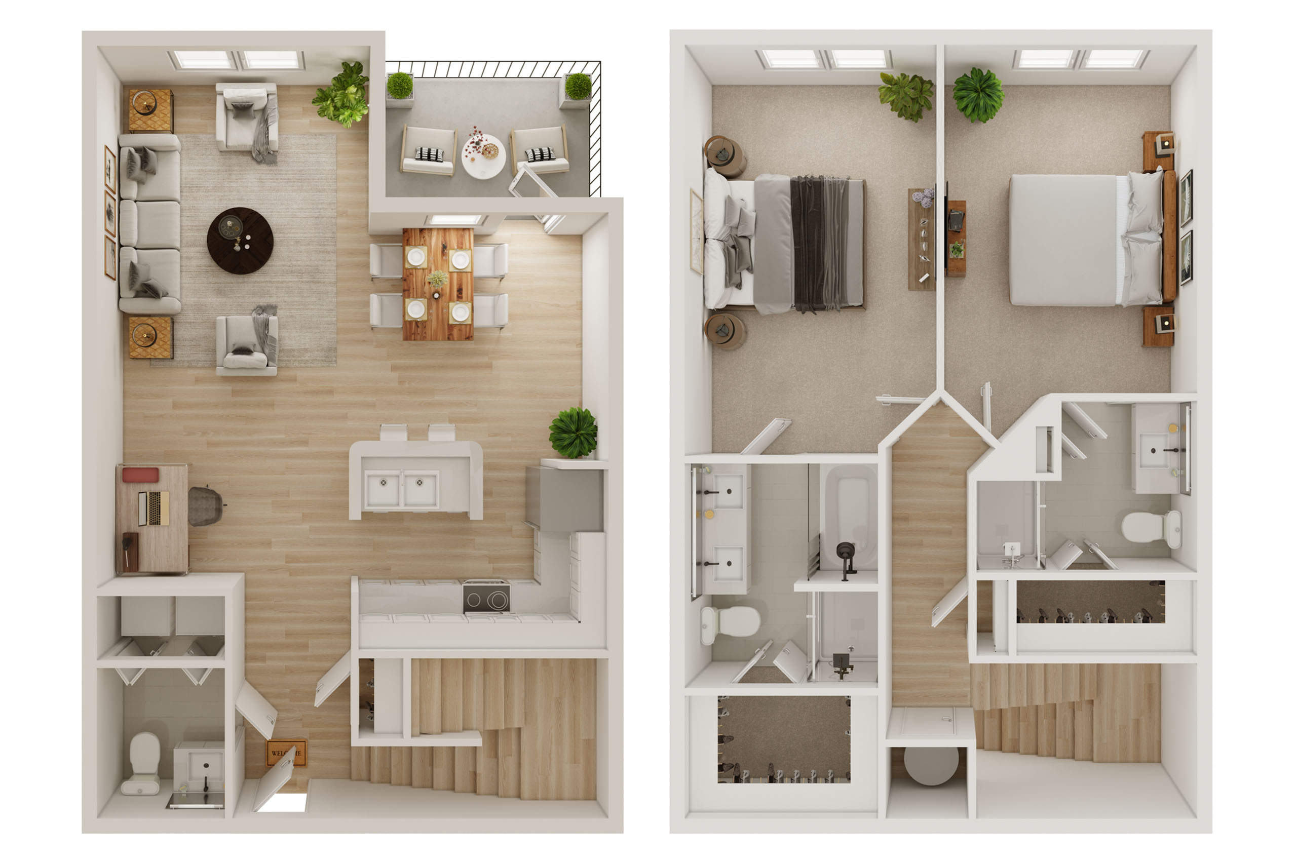 Modern two-story floor plan showcasing two cozy bedrooms, a stylish open-concept living and dining area, and a sleek kitchen, perfect for elegant urban living.