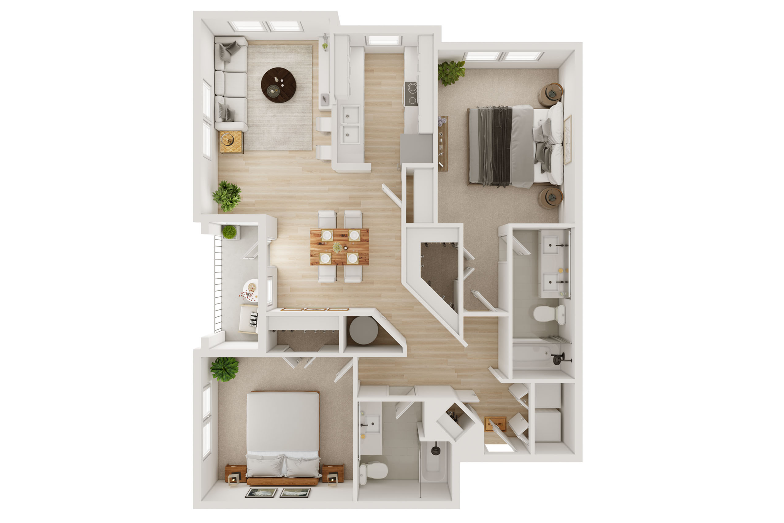Elegant 2D floor plan presenting 2 bedrooms, a stylish living area, modern kitchen, and polished dining space.