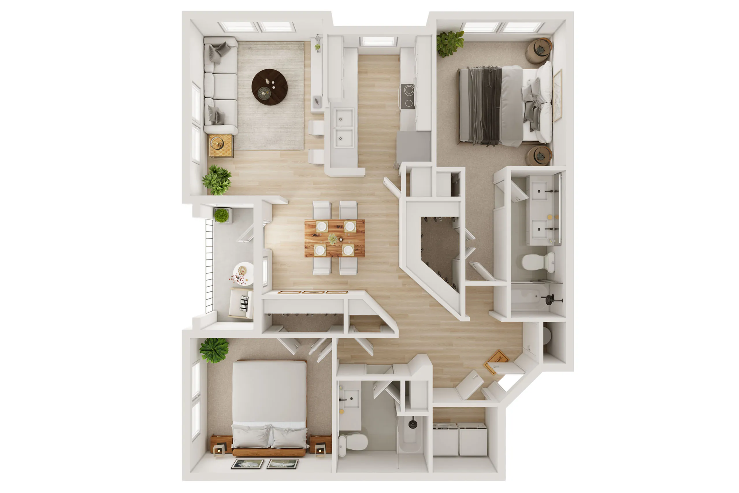 Modern 2D floor plan showcasing 2 bedrooms, open-concept living and dining area, spacious kitchen, and 2 stylish bathrooms.