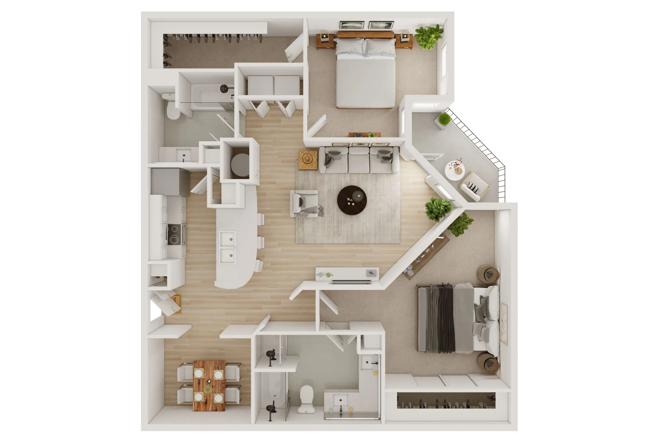 Modern 2D floor plan with 2 bedrooms, a spacious living room, well-equipped kitchen, and private balcony for stylish living.