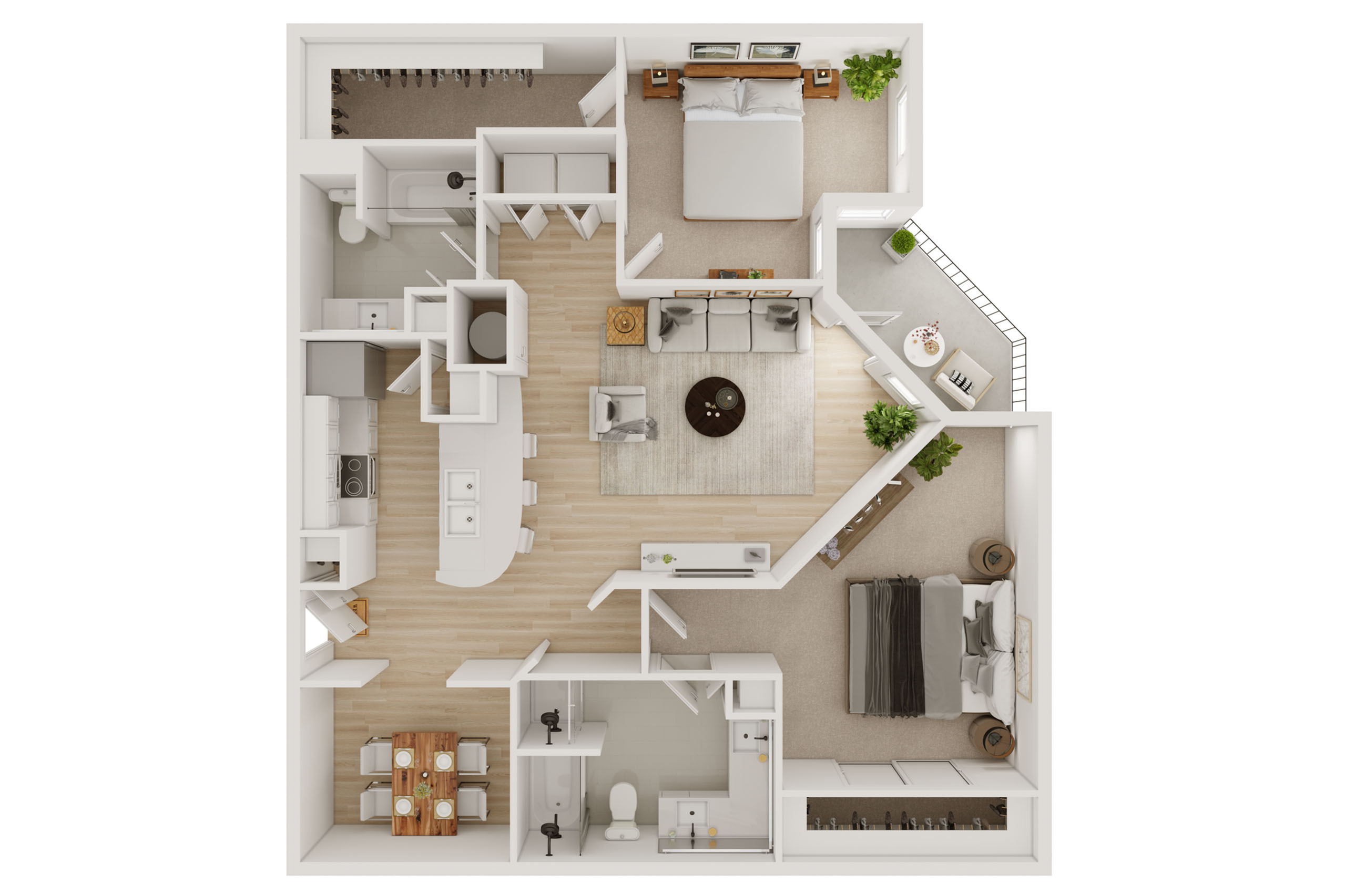 Elegant floor plan highlighting 2 spacious bedrooms, a stylish open-concept living and dining area, and a modern kitchen, with abundant natural light and patio access.