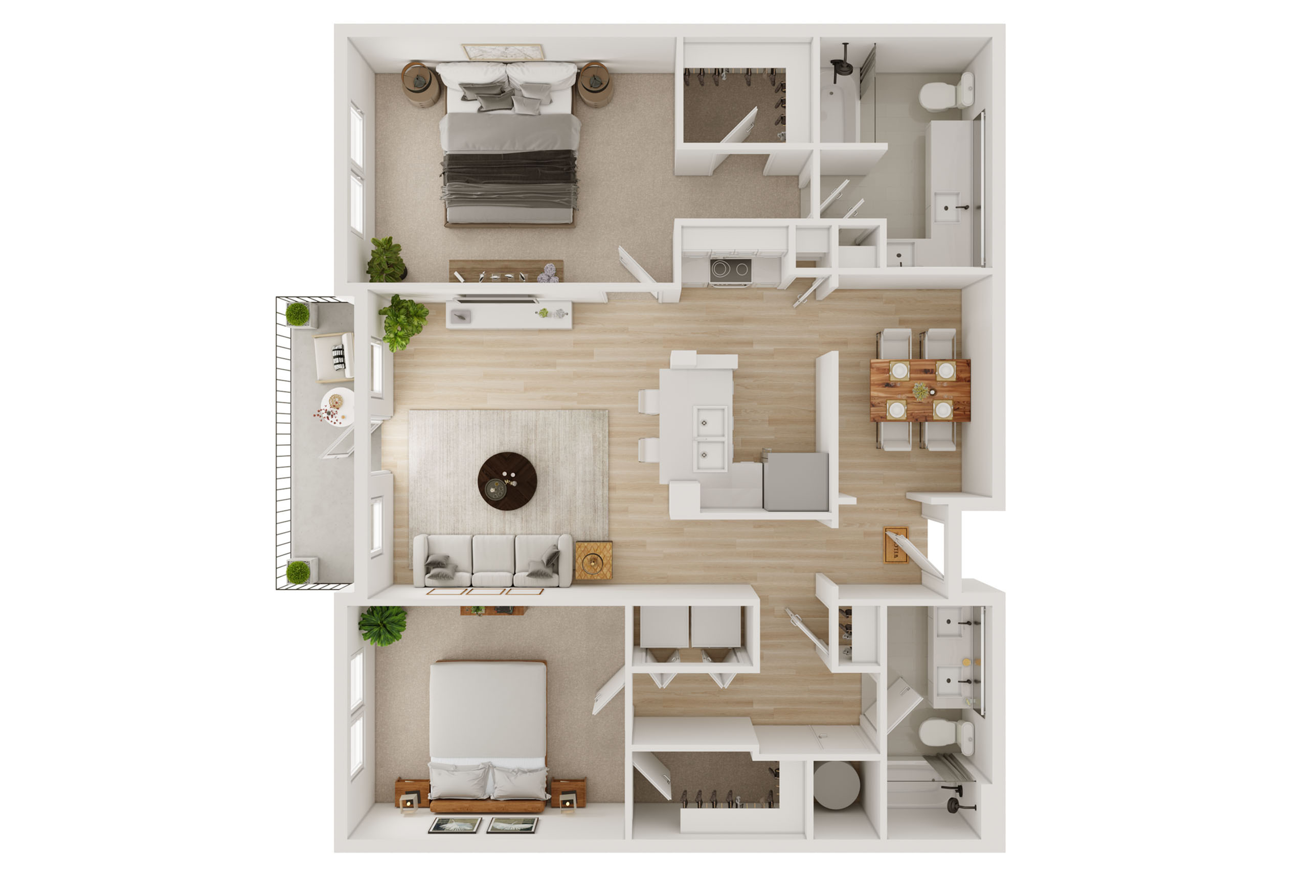 Beautifully designed apartment floor plan with two spacious bedrooms, a modern kitchen, and an inviting open-concept living and dining area. Features a cozy balcony for relaxation.