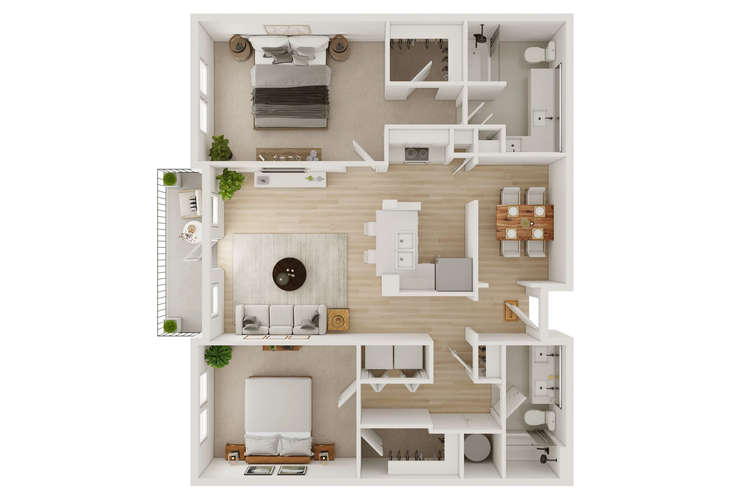 Modern apartment floor plan with two bedrooms, open-concept living room, stylish kitchen, and dining area. Includes a cozy balcony and elegant bathroom.