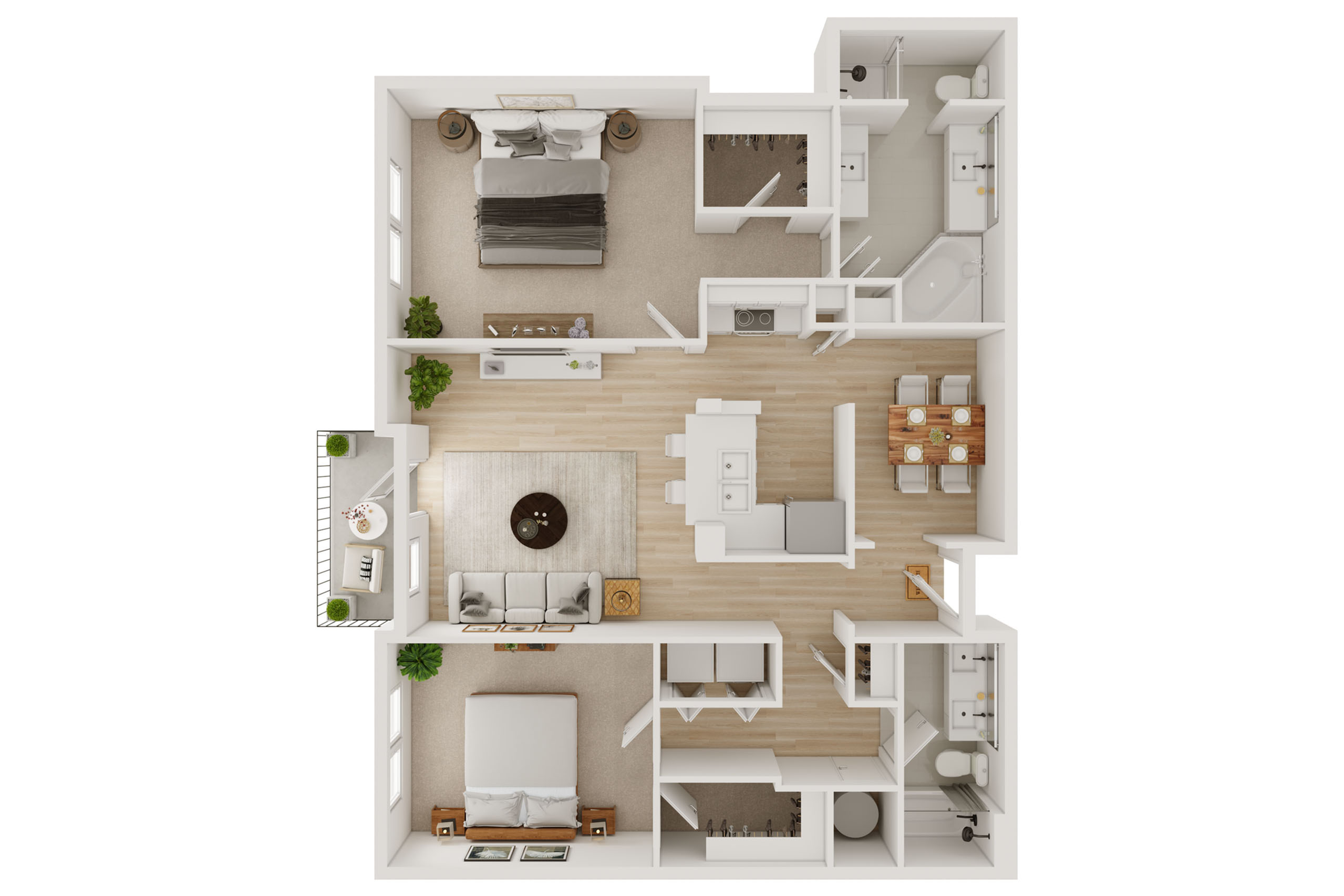 Modern 3D floor plan showcasing 2 bedrooms, spacious living room, and dining area with natural lighting.
