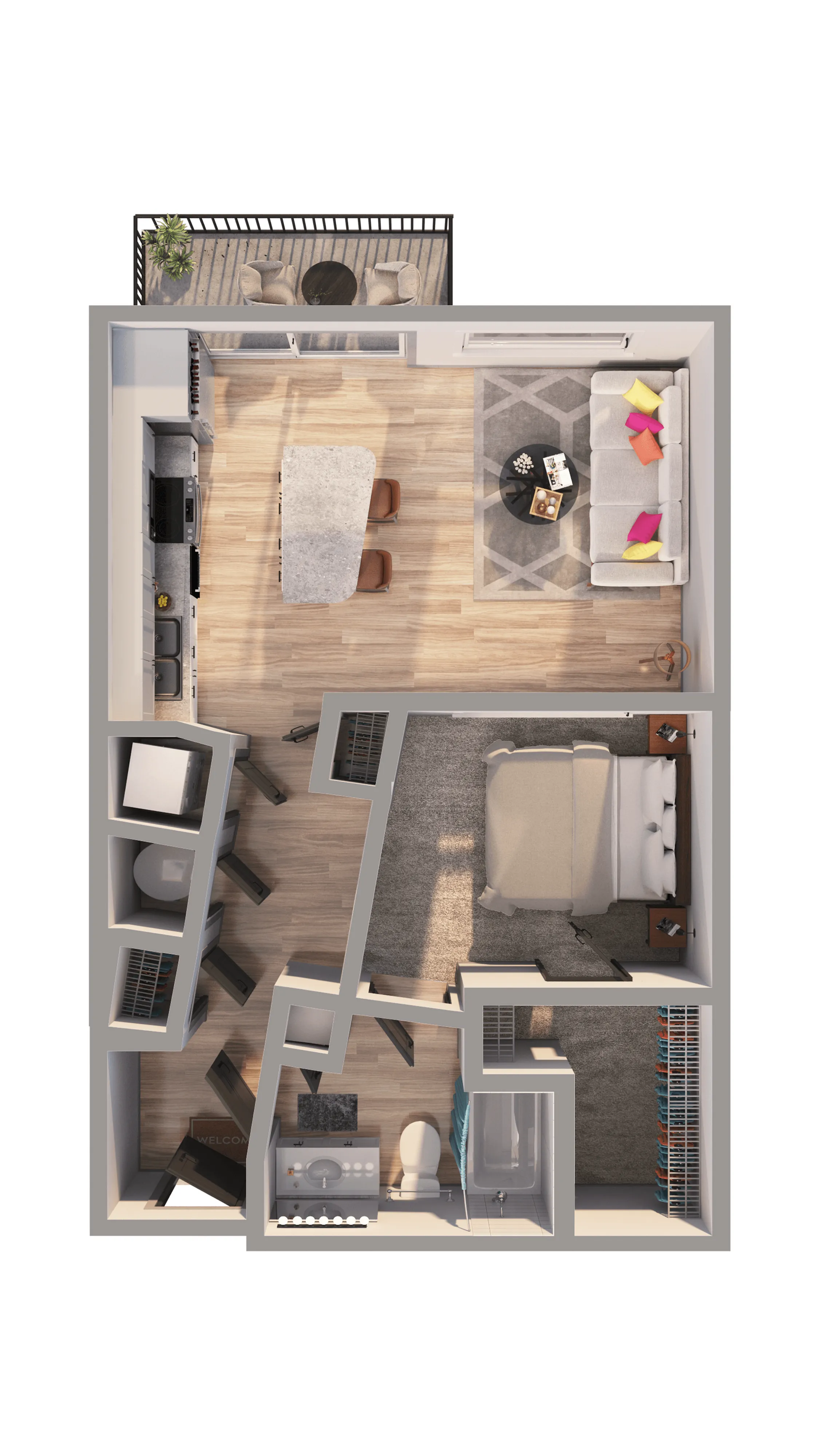 Elegant 1-bedroom apartment floor plan featuring an open-concept kitchen, cozy living area, and private balcony perfect for relaxation.