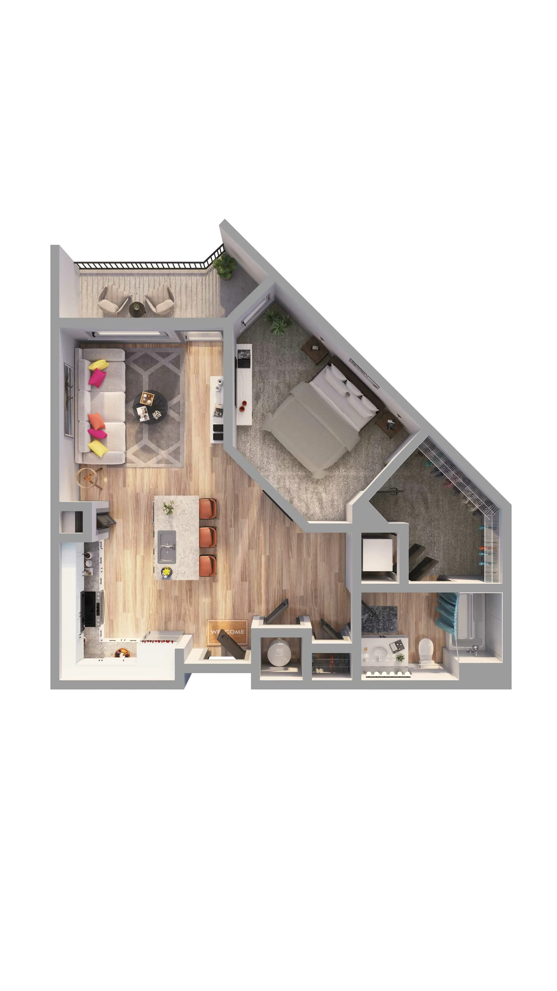 Modern 1-bedroom apartment floor plan featuring an open-concept kitchen and living area, spacious bedroom with walk-in closet, and a cozy balcony.