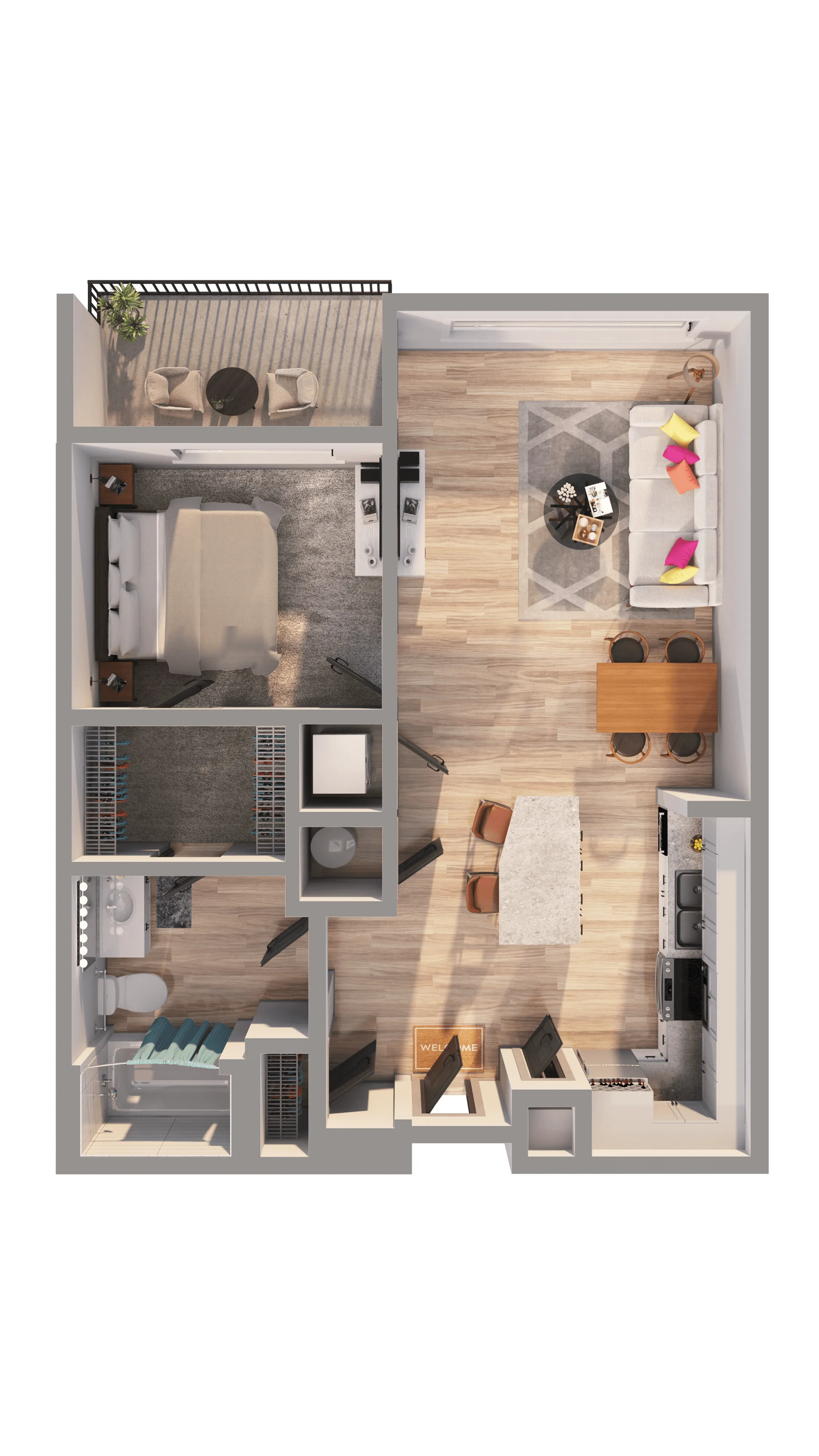 Contemporary 3D floor plan showcasing a cozy one-bedroom apartment with a private balcony, stylish living area, modern kitchen, and elegant bathroom.