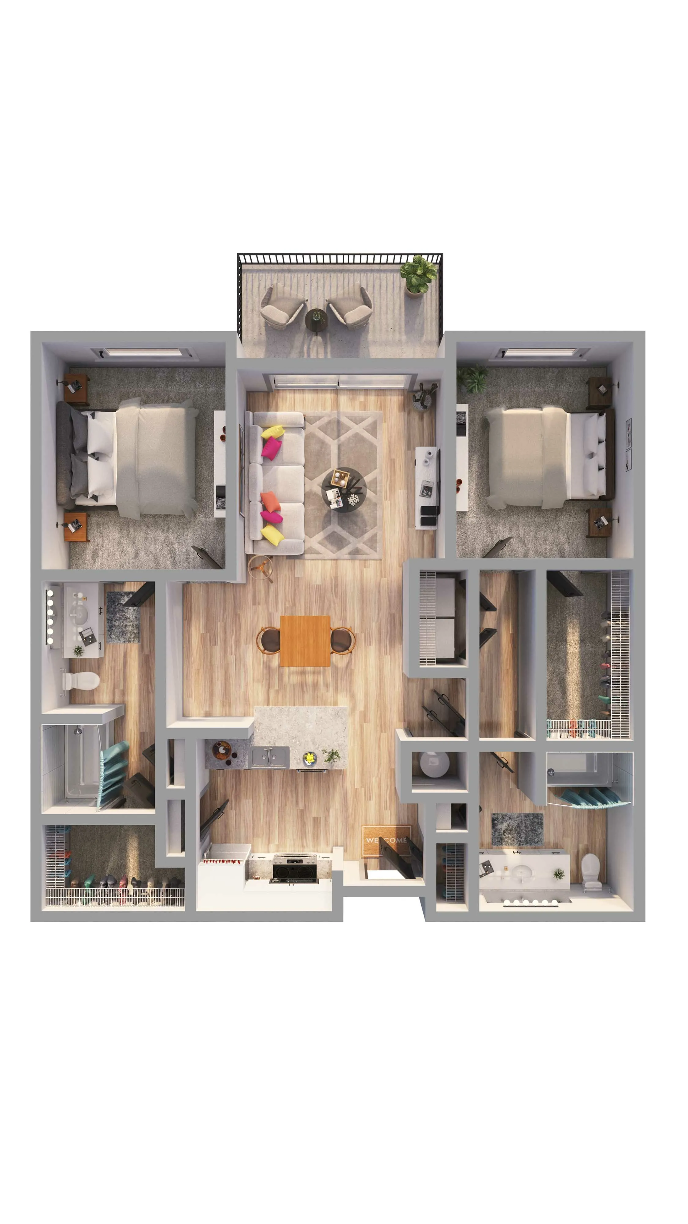 Modern floor plan showcasing 2 spacious bedrooms, open-concept living area, elegant kitchen with island, and cozy balcony.